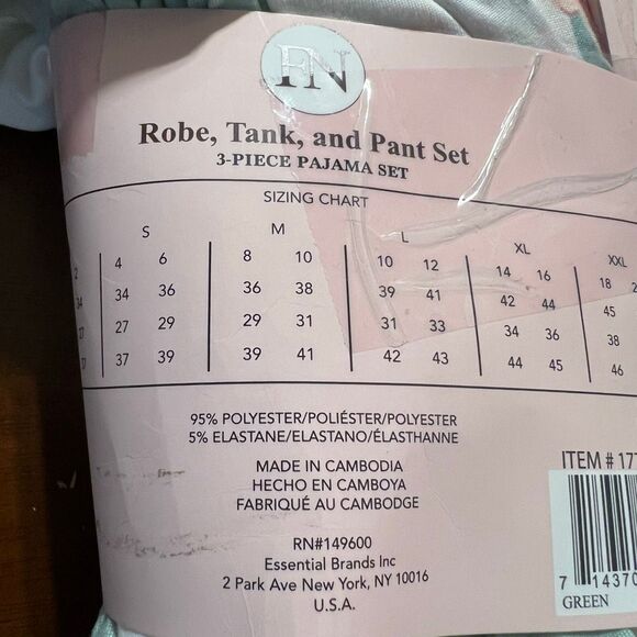 NWT FLORA NIKROOZ Medium 3 Piece Sleep Set Robe Tank Pant Super Soft Green White - Picture 6 of 10
